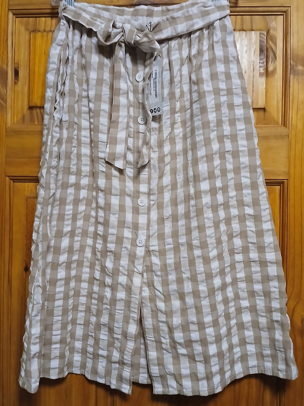 Boohoo Tan and White Gingham Midi Skirt with Tie Waist 100% Cotton